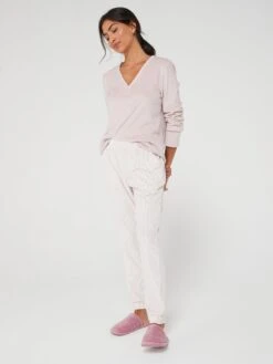 Everyday Fleece Jogger And V Neck Top Lounge Set - Pink Stripe -RIVE IS Clothing Shop VIKHJ SQ3 0000000270 PRINT MDo