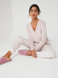 Everyday Fleece Jogger And V Neck Top Lounge Set - Pink Stripe -RIVE IS Clothing Shop VIKHJ SQ4 0000000270 PRINT MDd