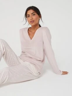 Everyday Fleece Jogger And V Neck Top Lounge Set - Pink Stripe -RIVE IS Clothing Shop VIKHJ SQ5 0000000270 PRINT MDd1