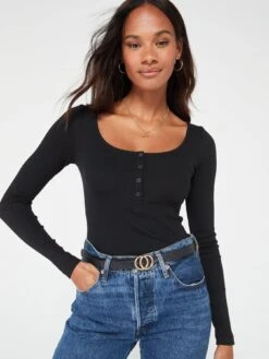 Everyday Henley Rib Long Sleeve Top - Black