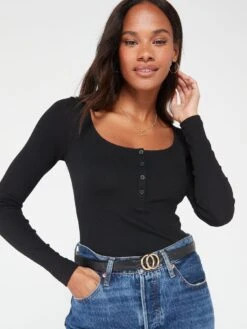 Everyday Henley Rib Long Sleeve Top - Black -RIVE IS Clothing Shop VIOTJ SQ5 0000000004 BLACK MDd1