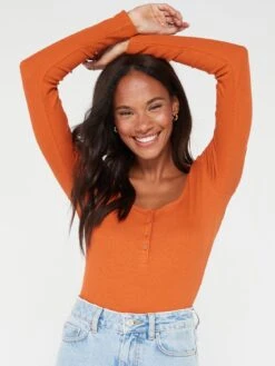 Everyday Henley Rib Long Sleeve Top - Orange -RIVE IS Clothing Shop VIOTL SQ4 0000000067 CREAM MDd