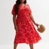 New Look Curves Red Floral Shirred Midi Dress -RIVE IS Clothing Shop VIWRF SQ1 0000000270 PRINT MDf