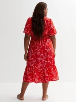 New Look Curves Red Floral Shirred Midi Dress -RIVE IS Clothing Shop VIWRF SQ2 0000000270 PRINT MDb