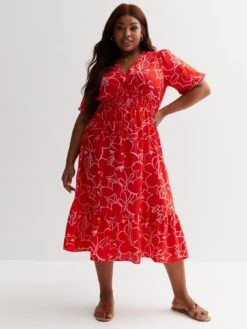 New Look Curves Red Floral Shirred Midi Dress -RIVE IS Clothing Shop VIWRF SQ3 0000000270 PRINT MDo