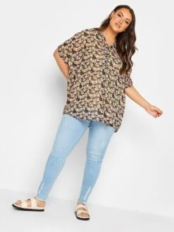 Yours Floral Print Half Placket Shirt - Black -RIVE IS Clothing Shop VIZ1A SQ3 0000000004 BLACK MDo