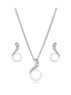 Beaverbrooks Silver Cubic Zirconia Freshwater Cultured Pearl Pendant And Earrings Set