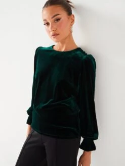 V By Very Long Sleeve Velvet Blouse - Green -RIVE IS Clothing Shop VJ73W SQ5 0000000047 GREEN MDd1