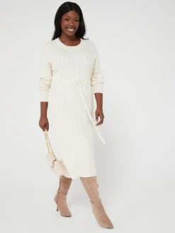 V By Very Curve Crew Neck Cable Knit Midi Dress - Off-White
