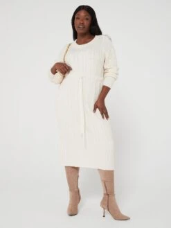 V By Very Curve Crew Neck Cable Knit Midi Dress - Off-White -RIVE IS Clothing Shop VJG3G SQ3 0000000795 OFF WHITE MDo