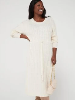 V By Very Curve Crew Neck Cable Knit Midi Dress - Off-White -RIVE IS Clothing Shop VJG3G SQ4 0000000795 OFF WHITE MDd