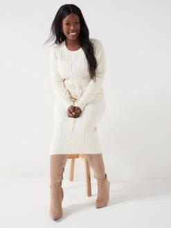 V By Very Curve Crew Neck Cable Knit Midi Dress - Off-White -RIVE IS Clothing Shop VJG3G SQ5 0000000795 OFF WHITE MDd1
