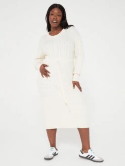 V By Very Curve Crew Neck Cable Knit Midi Dress - Off-White -RIVE IS Clothing Shop VJG3G SQ6 0000000795 OFF WHITE MDd2