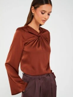 Fig & Basil Satin Twist Neck Blouse -RIVE IS Clothing Shop VK3J3 SQ4 0000000143 BROWN MDd