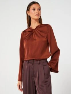 Fig & Basil Satin Twist Neck Blouse -RIVE IS Clothing Shop VK3J3 SQ6 0000000143 BROWN MDd2
