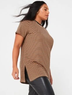 V By Very Contrast Stripe Ll 3/4 Sleeve Tee -RIVE IS Clothing Shop VK4I6 SQ4 0000000143 BROWN MDd