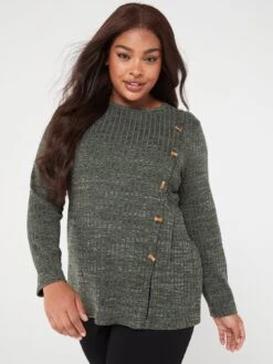 V By Very Curve Space Dyed Button Rib Long Sleeve Top - Khaki