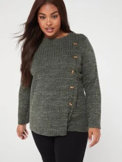 V By Very Curve Space Dyed Button Rib Long Sleeve Top - Khaki -RIVE IS Clothing Shop VK4IK SQ6 0000000058 KHAKI MDd2