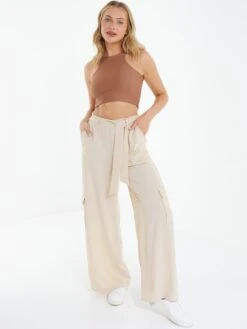 Quiz Buckle Palazzo Trousers - Natural