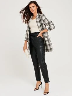 Lucy Mecklenburgh Paperbag Waist Belted PU Trousers - Black 