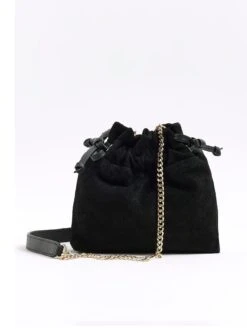River Island Drawstring Suede Cross Body Bag - Black