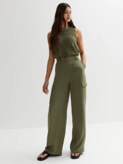 New Look Wide Leg Cargo Trousers - Khaki