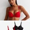 New Look 2 Pack Lace Push Up Bras - Black & Red