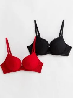 New Look 2 Pack Lace Push Up Bras - Black & Red -RIVE IS Clothing Shop VLET2 SQ5 0000000270 PRINT MDd1