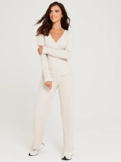 Lucy Mecklenburgh Rib Wide Leg Trousers - Oatmeal 