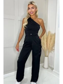 AX Paris Black Satin Wide Leg Cargo -RIVE IS Clothing Shop VLP4N SQ3 0000000004 BLACK MDo