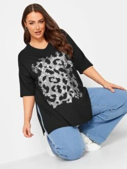 Yours Sequin Side Split V Neck Top - Black