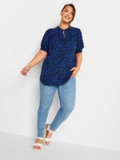 Yours Tie Neck Short Sleeve Blouse Blue Wild Print -RIVE IS Clothing Shop VM03D SQ3 0000000020 BLUE MDo