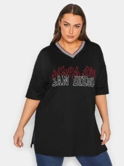 Yours Striped Printed V Neck T-shirt - Black