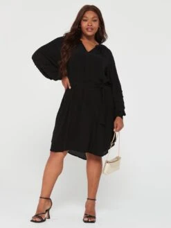 Vero Moda Curve Long Sleeve Curve Tie Waist Midi Dress - Black