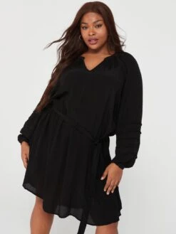 Vero Moda Curve Long Sleeve Curve Tie Waist Midi Dress - Black -RIVE IS Clothing Shop VM20Q SQ4 0000000004 BLACK MDd