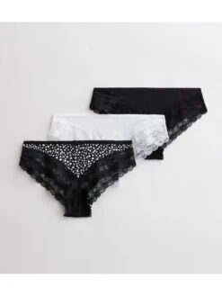 New Look 3 Pack Black And White Heart Lace Trim Brazilian Briefs