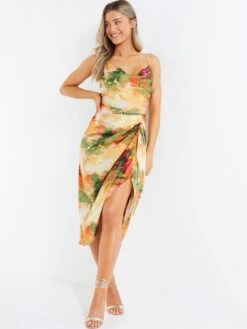 Quiz Petite Multicolored Satin Marble Print Ruched Midi Dress