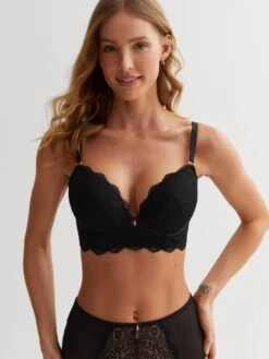 New Look Black DD+ Floral Lace Diamante Push Up Bra