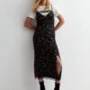 New Look Black Floral Lace Trim Split Hem Midi Slip Dress