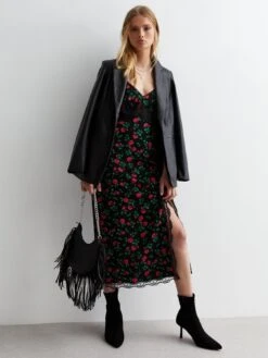New Look Black Floral Lace Trim Split Hem Midi Slip Dress -RIVE IS Clothing Shop VM9A4 SQ3 0000000270 PRINT MDo