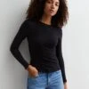 New Look Black Ribbed Frill Long Sleeve Top