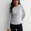 New Look Grey Ribbed Frill Long Sleeve T-Shirt