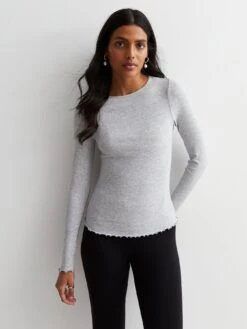 New Look Grey Ribbed Frill Long Sleeve T-Shirt
