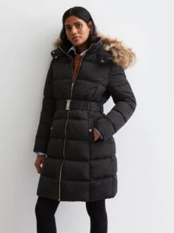 New Look Black Faux Fur Hood Belted Puffer Coat