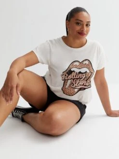 New Look Curves Off White Rolling Stone Logo T-Shirt
