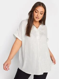Yours Short Sleeve Half Placket Blouse White Stripe