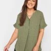 Yours Short Sleeve Half Placket Blouse Green Stripe