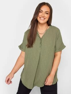 Yours Short Sleeve Half Placket Blouse Green Stripe