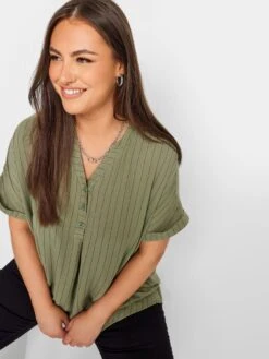 Yours Short Sleeve Half Placket Blouse Green Stripe -RIVE IS Clothing Shop VMEQ0 SQ4 0000000047 GREEN MDd