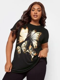 Yours Embellished And Foil Glitter Printed T-Shirt - Black